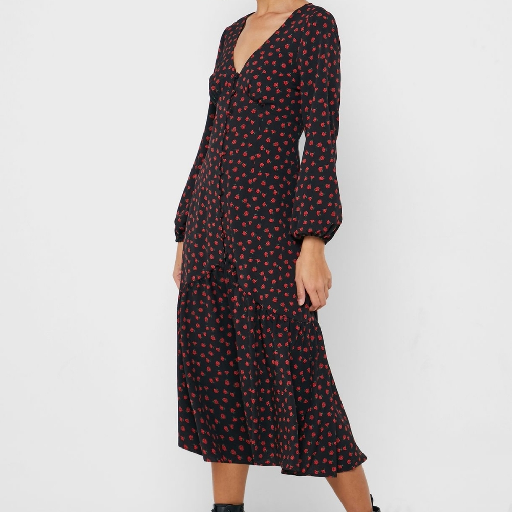 NWOT Topshop Black Floral Rose Printed Midi Dress - Picture 1 of 8